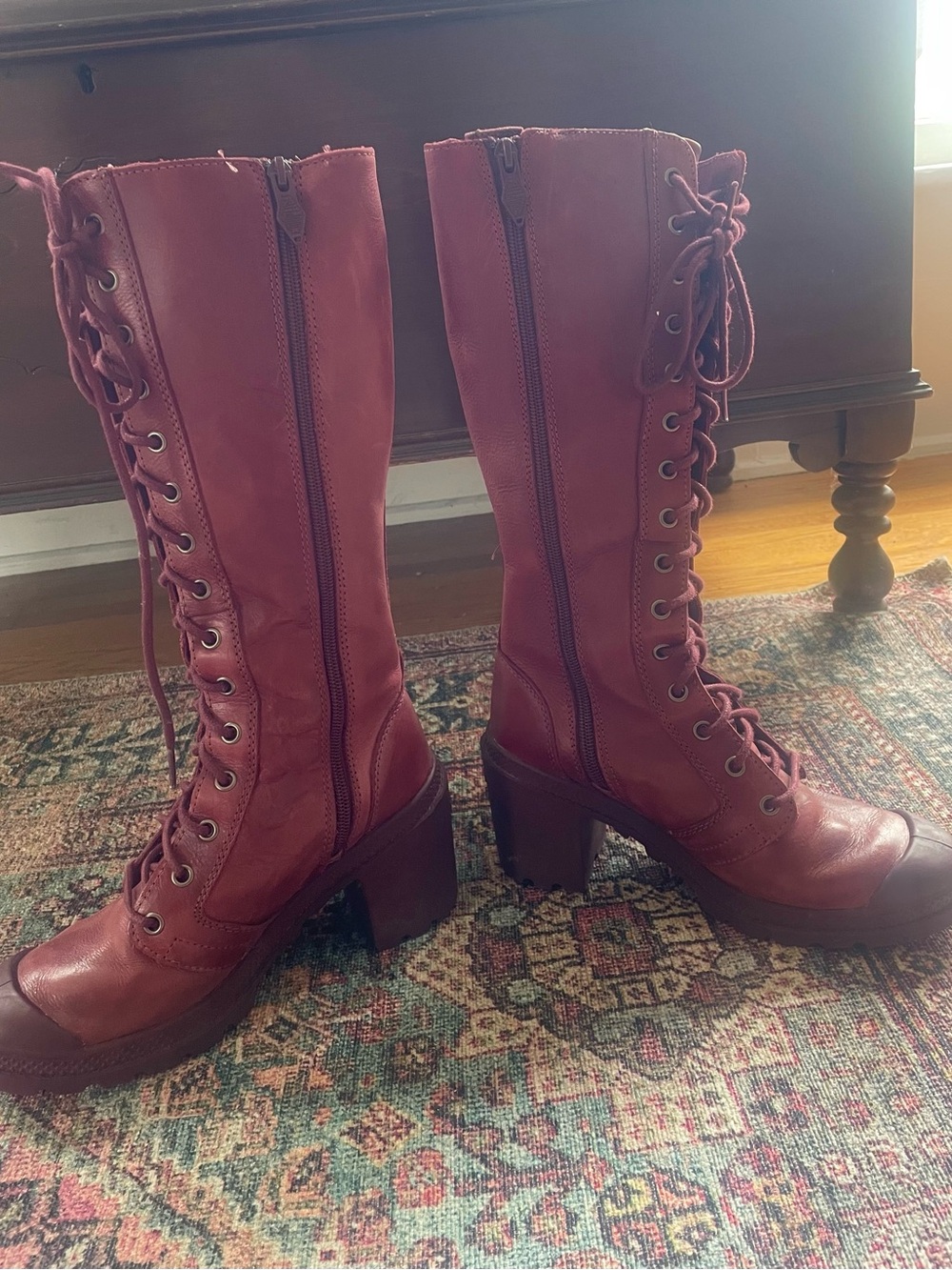 Palladium Tall Rasberry Red Leather Lace-Up Heeled Boots